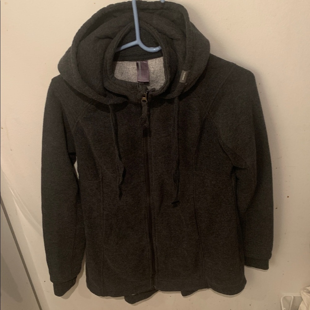Stylish Mondetta Charcoal Hooded Zip Up Sweater Jacket W/ Insulated Collar SZ M